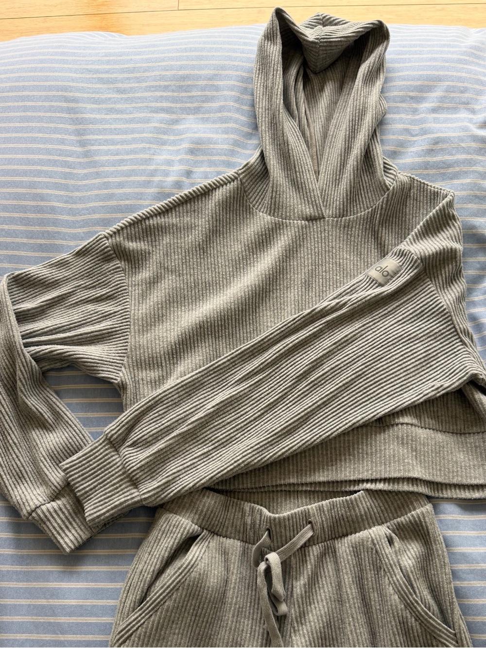 ALO Yoga Cropped Ribbed Crew Sweater - Light Gray - Picture 2 of 3